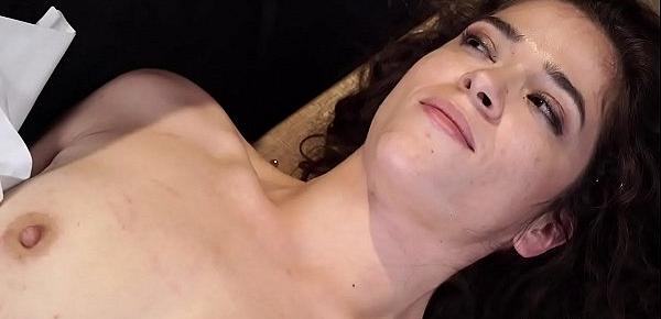  Brunette slave gets punched on hogtie